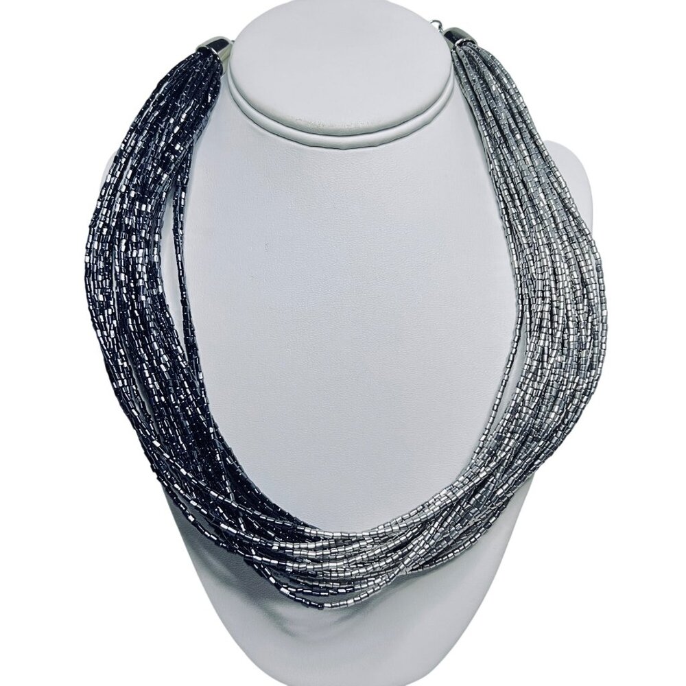 Paparazzi 31 Strand Ombre Navy Blue & Silver Tone Beaded Necklace (5806)
